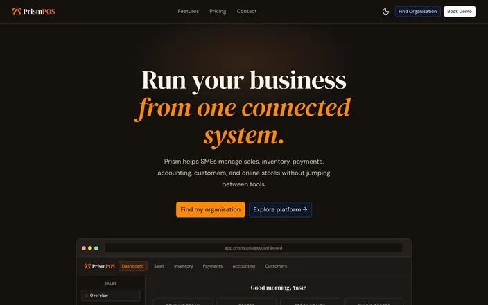 PrismPOS landing page with the headline "Run your business from one connected system" above a preview of the dashboard.