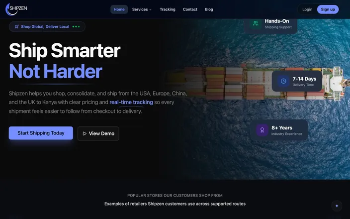 Shipzen landing page with the headline "Ship Smarter, Not Harder" over an aerial photo of a container ship.
